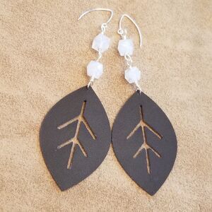 Handmade Brown Leather Leaf Earrings with White Beads